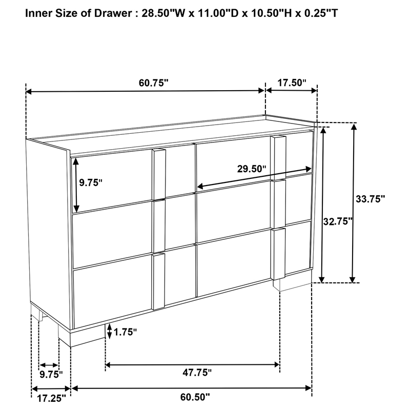 Pemberly Row 6-drawer Melamine Dresser with Metal Glides in Natural