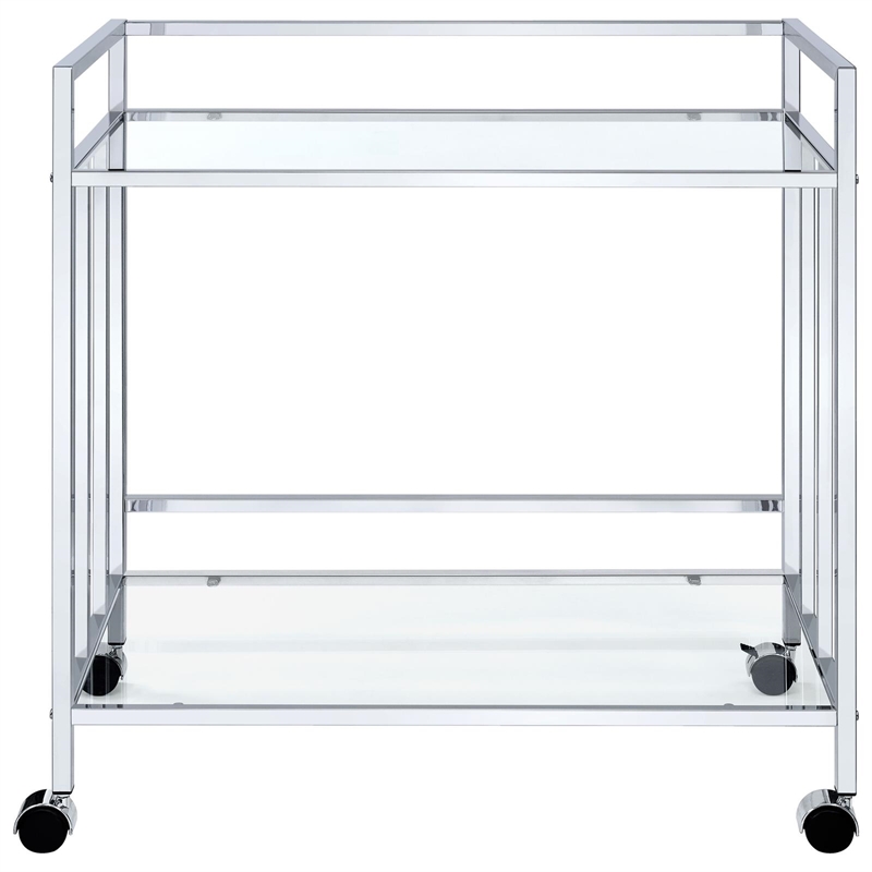 Pemberly Row 2-tier Rectangular Glass Shelf Metal Bar Cart in Chrome