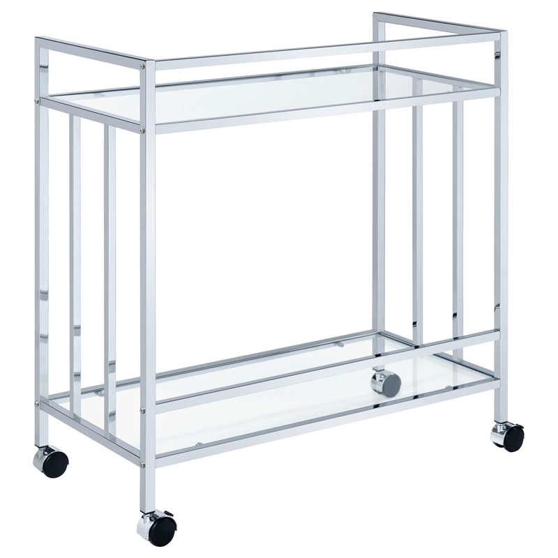 Pemberly Row 2-tier Rectangular Glass Shelf Metal Bar Cart in Chrome