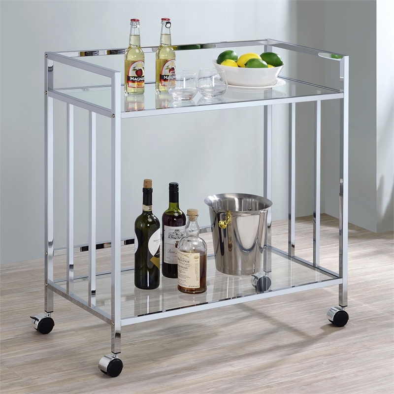 Pemberly Row 2-tier Rectangular Glass Shelf Metal Bar Cart in Chrome