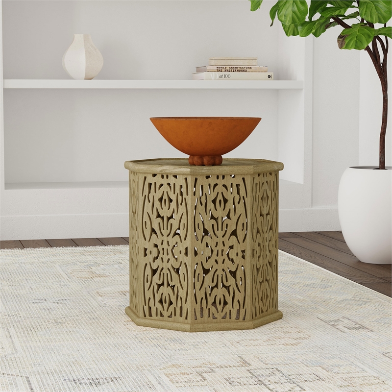 Pemberly Row Octagonal Solid Mango Wood Side Table in Natural Brown