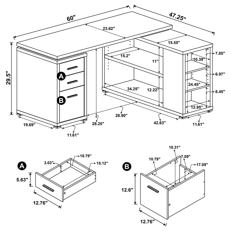 Pemberly Row 60-inch 3-drawer L-Shape Wood Computer Desk in Mango
