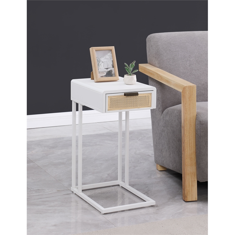 Pemberly Row 1-drawer Radio Weave Cane Metal Side Table in White