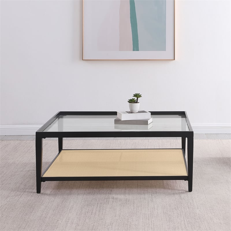 Pemberly Row Glass Top Metal with Cane Shelf Coffee Table in Black