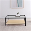 Pemberly Row Glass Top Metal with Cane Shelf Coffee Table in Black