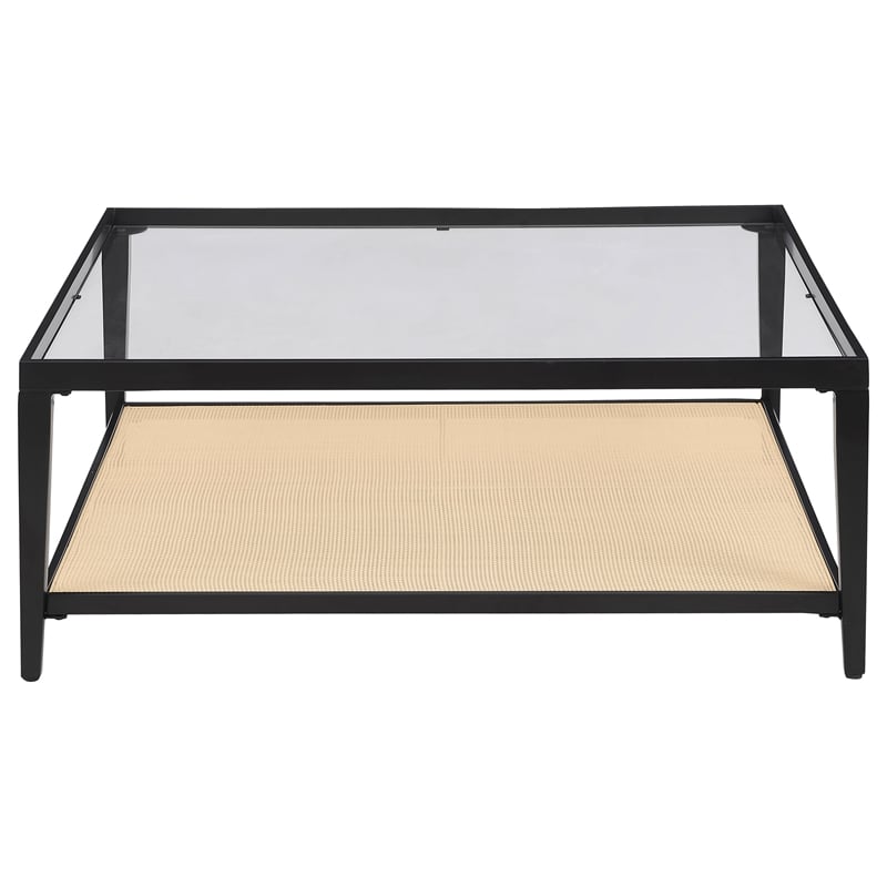 Pemberly Row Glass Top Metal with Cane Shelf Coffee Table in Black