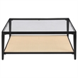 Pemberly Row Glass Top Metal with Cane Shelf Coffee Table in Black