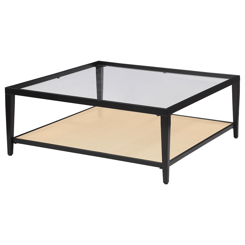 Pemberly Row Glass Top Metal with Cane Shelf Coffee Table in Black