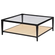 Pemberly Row Glass Top Metal with Cane Shelf Coffee Table in Black