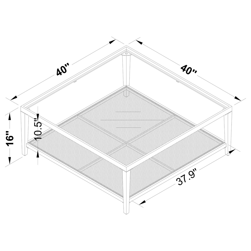 Pemberly Row Glass Top Metal with Cane Shelf Coffee Table in Black