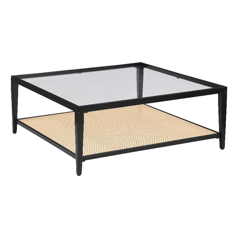 Pemberly Row Glass Top Metal with Cane Shelf Coffee Table in Black