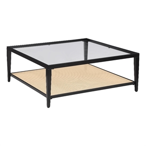 Pemberly Row Glass Top Metal with Cane Shelf Coffee Table in Black