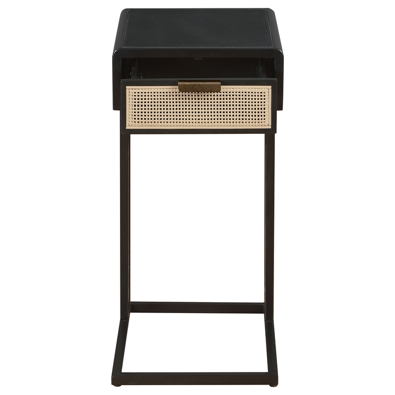 Pemberly Row 1-drawer Radio Weave Cane Metal Side Table in Black