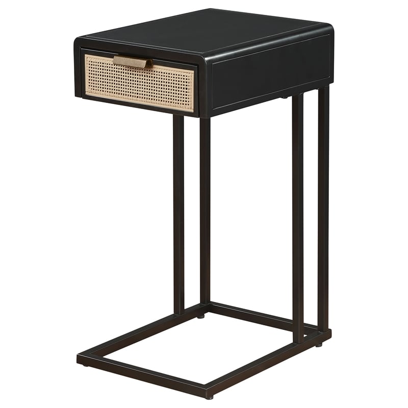 Pemberly Row 1-drawer Radio Weave Cane Metal Side Table in Black