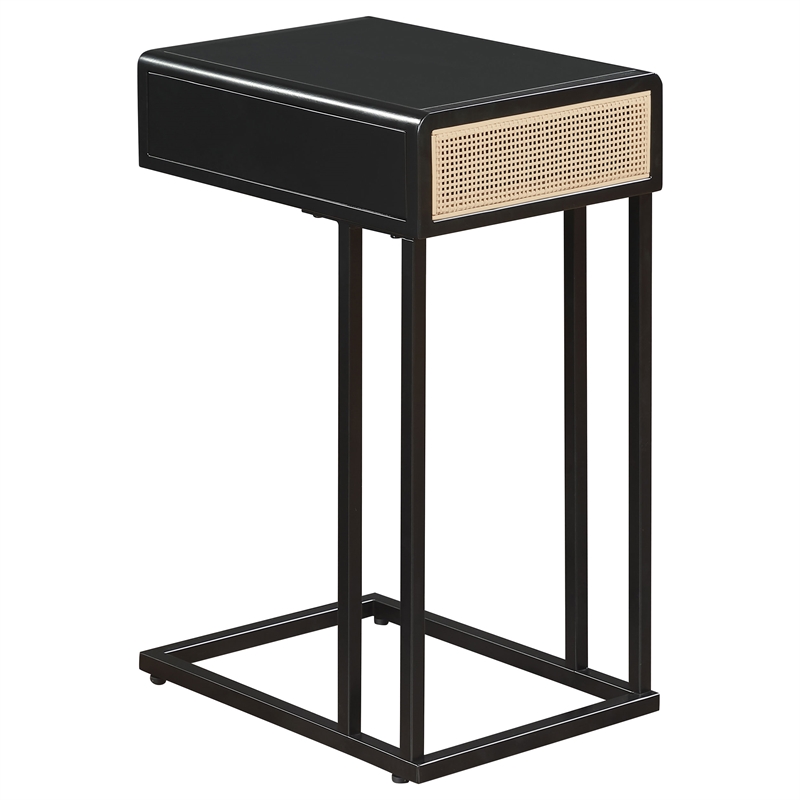 Pemberly Row 1-drawer Radio Weave Cane Metal Side Table in Black