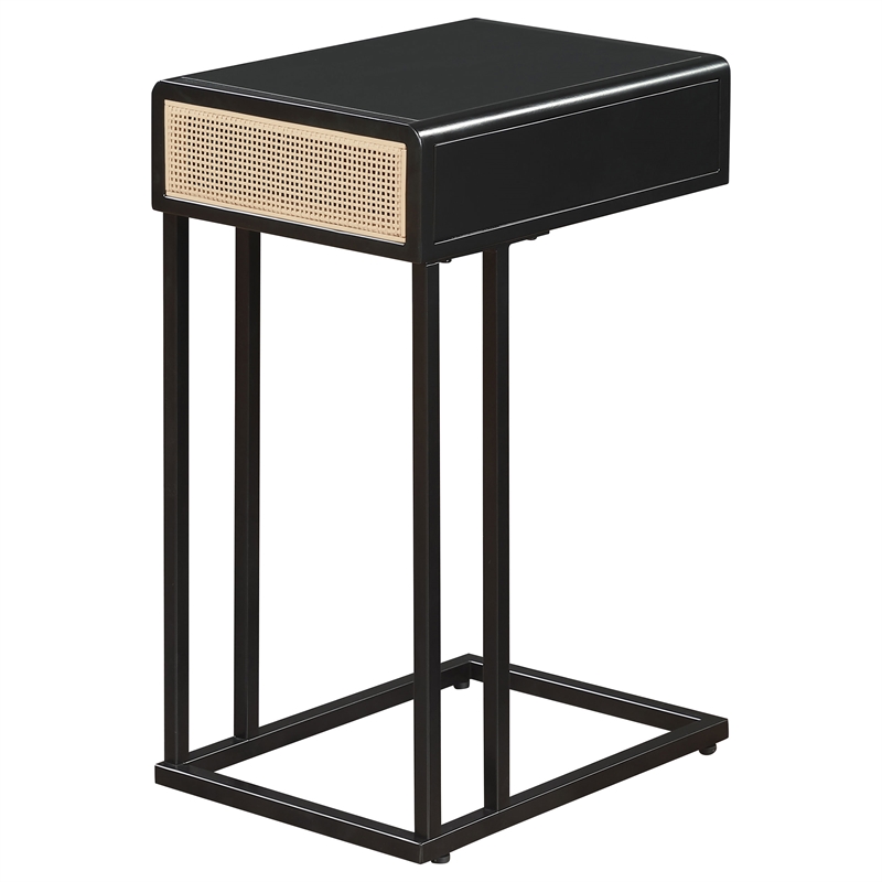 Pemberly Row 1-drawer Radio Weave Cane Metal Side Table in Black