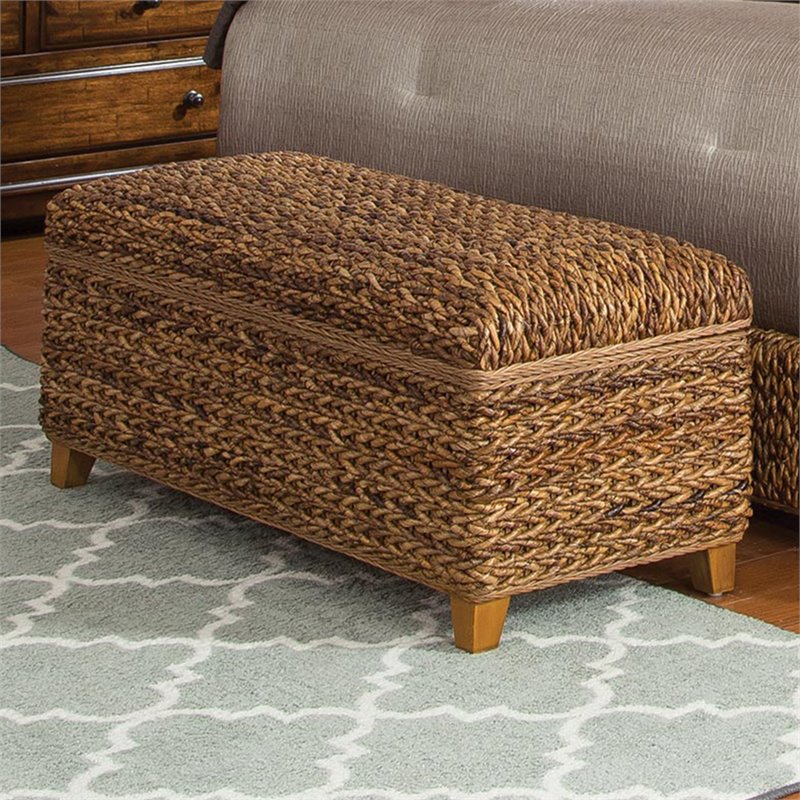 Pemberly Row Hand-Woven Banana Leaf Wood Storage Bench in Amber