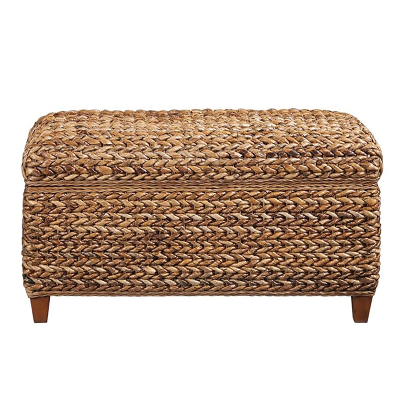Pemberly Row Hand-Woven Banana Leaf Wood Storage Bench in Amber