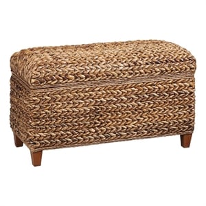 Pemberly Row Hand-Woven Banana Leaf Wood Storage Bench in Amber