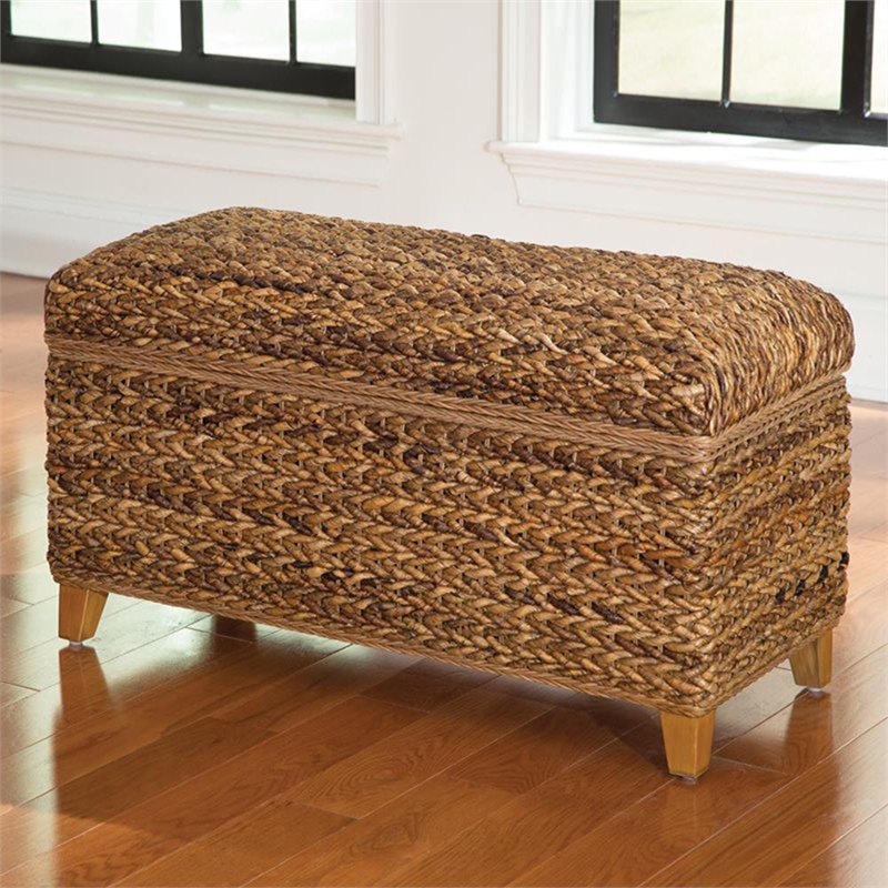 Pemberly Row Hand-Woven Banana Leaf Wood Storage Bench in Amber