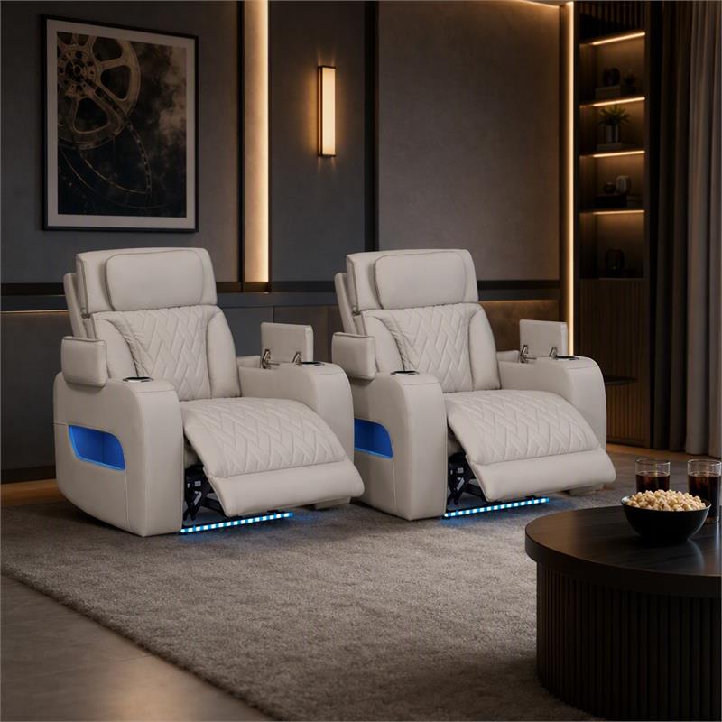 Pemberly Row Set of 2 Power Reclining Chairs in White Faux Leather