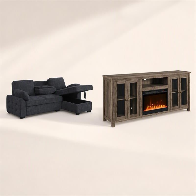 Pemberly Row 2Pc Set of Fireplace TV Console and Sleeper Sectional