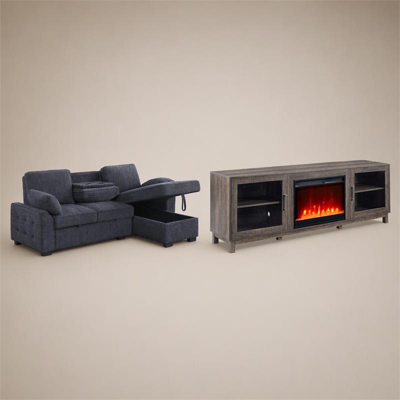 Pemberly Row 2Pc Set of TV Stand with Fireplace and Sleeper Sectional