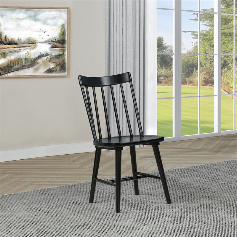 Pemberly Row Set of 2 Solid Wood Windsor Dining Side Chairs in Black