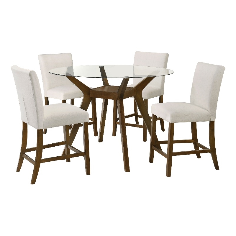 Pemberly Row 5-Piece Round Wood & Fabric Counter Dining Set in Brown/Beige