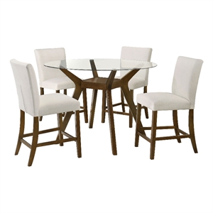 Pemberly Row 5-Piece Round Wood & Fabric Counter Dining Set in Brown/Beige