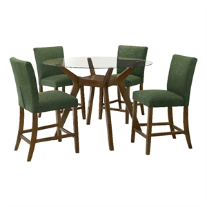 Pemberly Row 5-Piece Round Wood & Fabric Counter Dining Set in Brown/Green