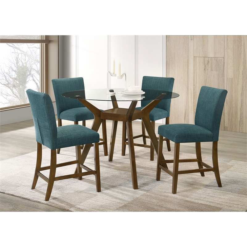 Pemberly Row 5-Piece Round Wood & Fabric Counter Dining Set in Brown/Teal