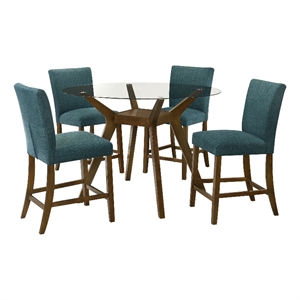 Pemberly Row 5-Piece Round Wood & Fabric Counter Dining Set in Brown/Teal