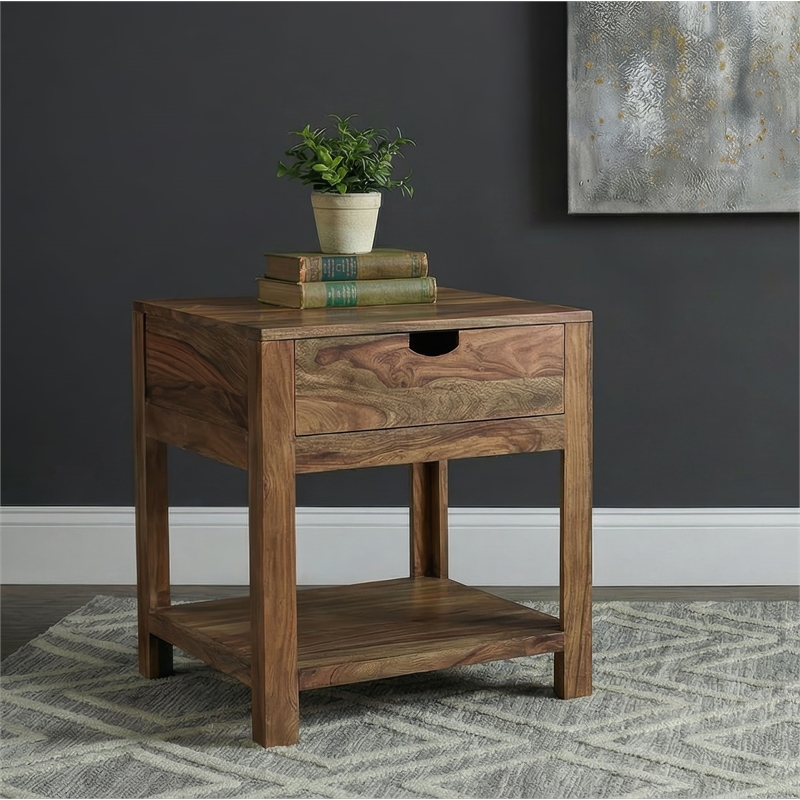 Pemberly Row 1-Drawer Rustic Solid Wood Side End Table in Natural