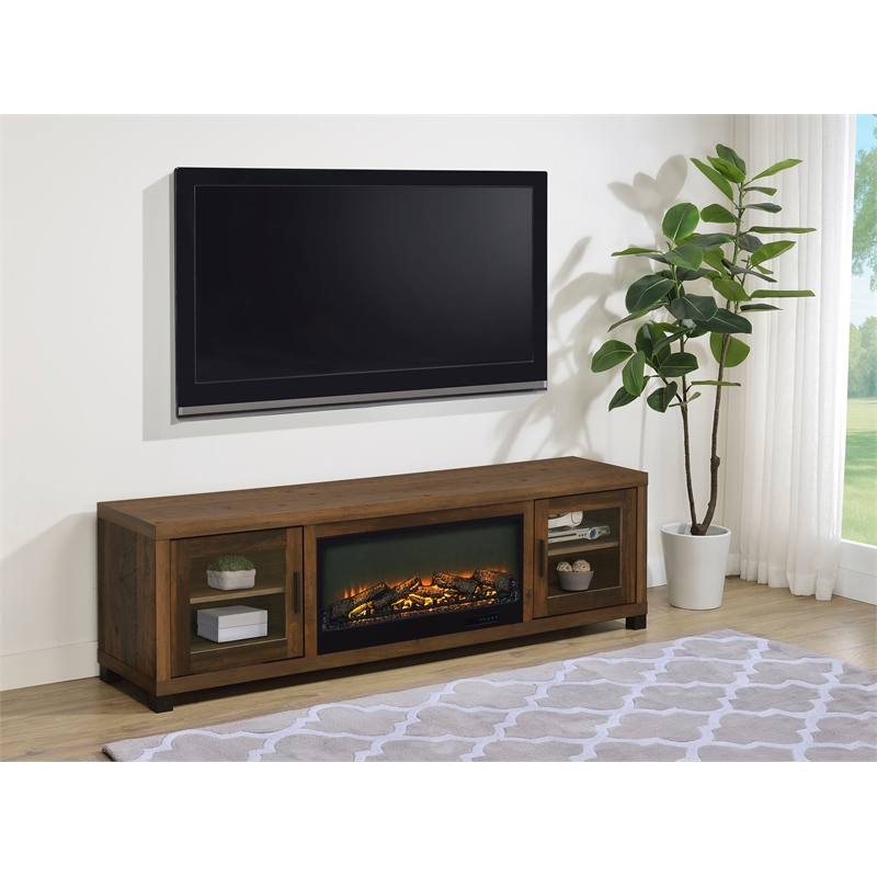 Pemberly Row 71-inch Engineered Wood TV Stand Fireplace in Dark Pine