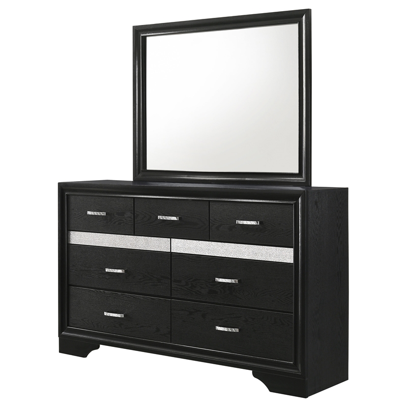 Pemberly Row 7-Drawer Dresser with Mirror and Crystal Pulls in Black