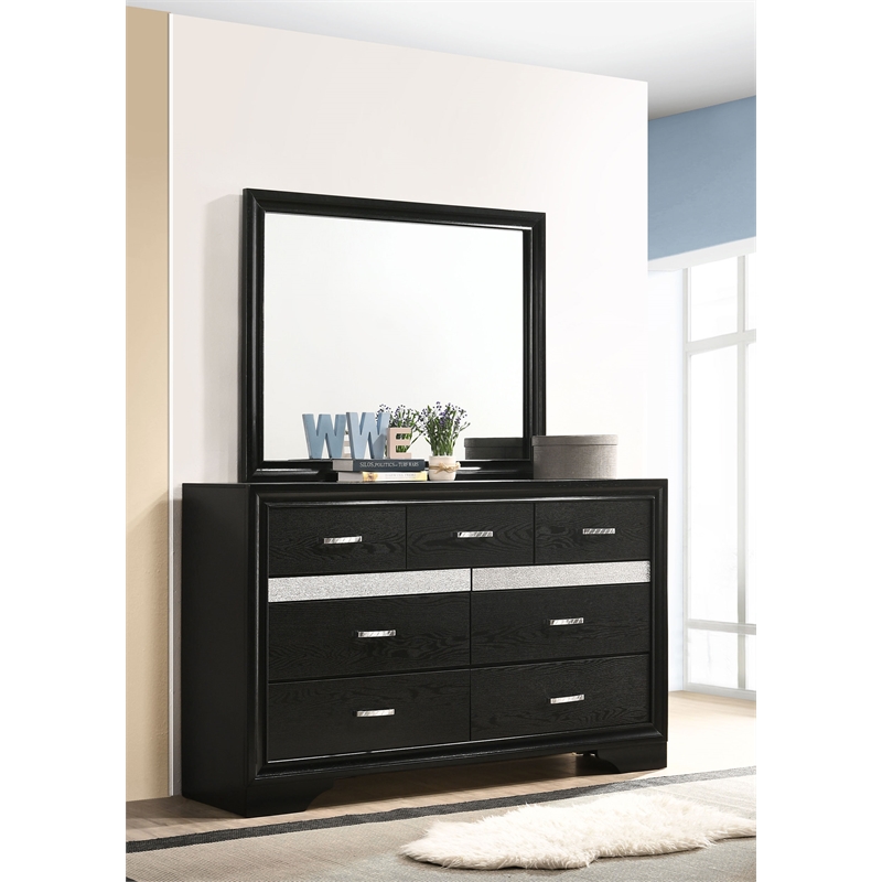 Pemberly Row 7-Drawer Dresser with Mirror and Crystal Pulls in Black