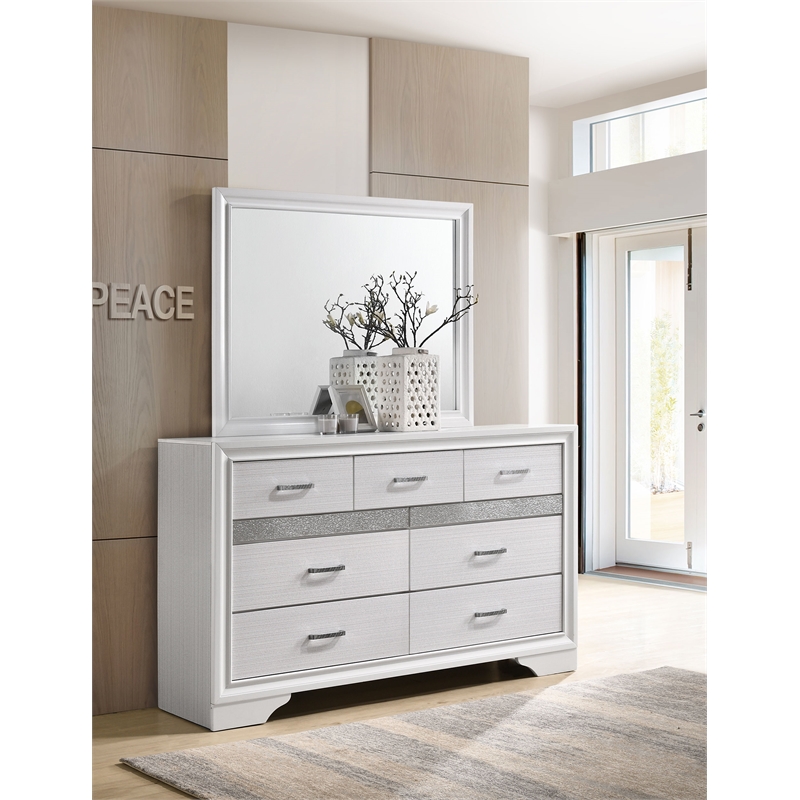 Pemberly Row 7-Drawer Dresser with Mirror and Crystal Pulls in White