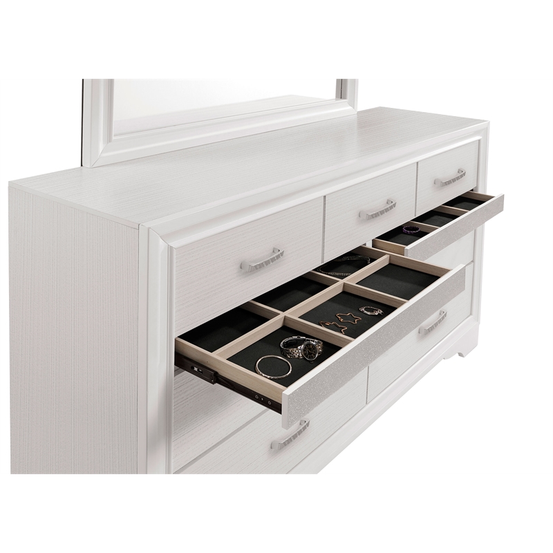 Pemberly Row 7-Drawer Dresser with Mirror and Crystal Pulls in White