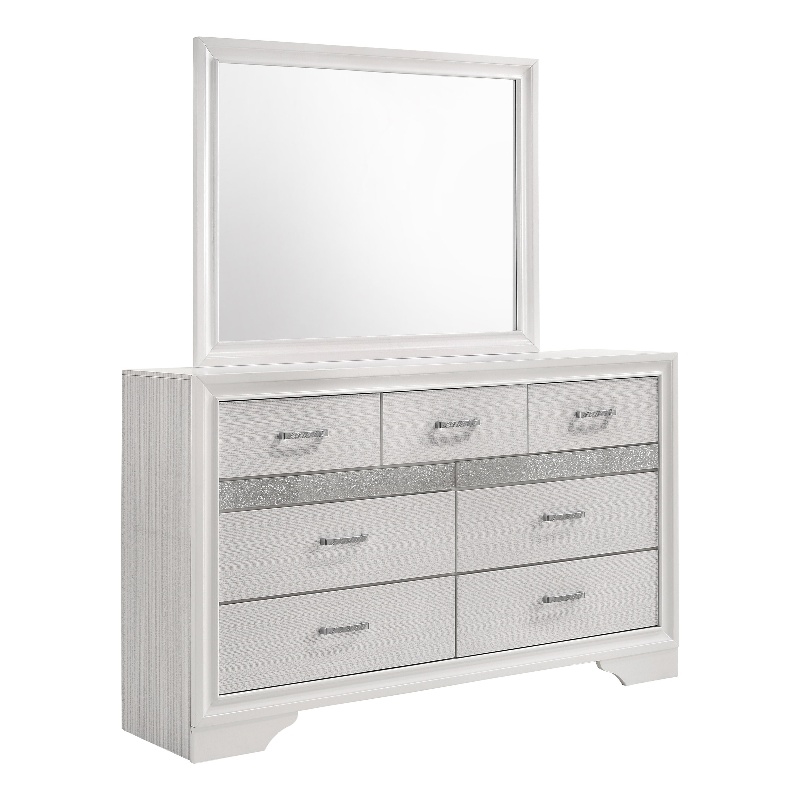 Pemberly Row 7-Drawer Dresser with Mirror and Crystal Pulls in White