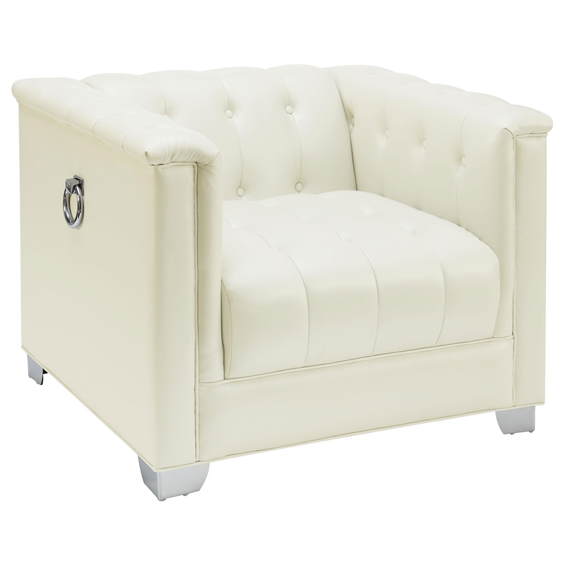 Pemberly Row Tufted Upholstered Track Arm Accent Chair in Pearl White