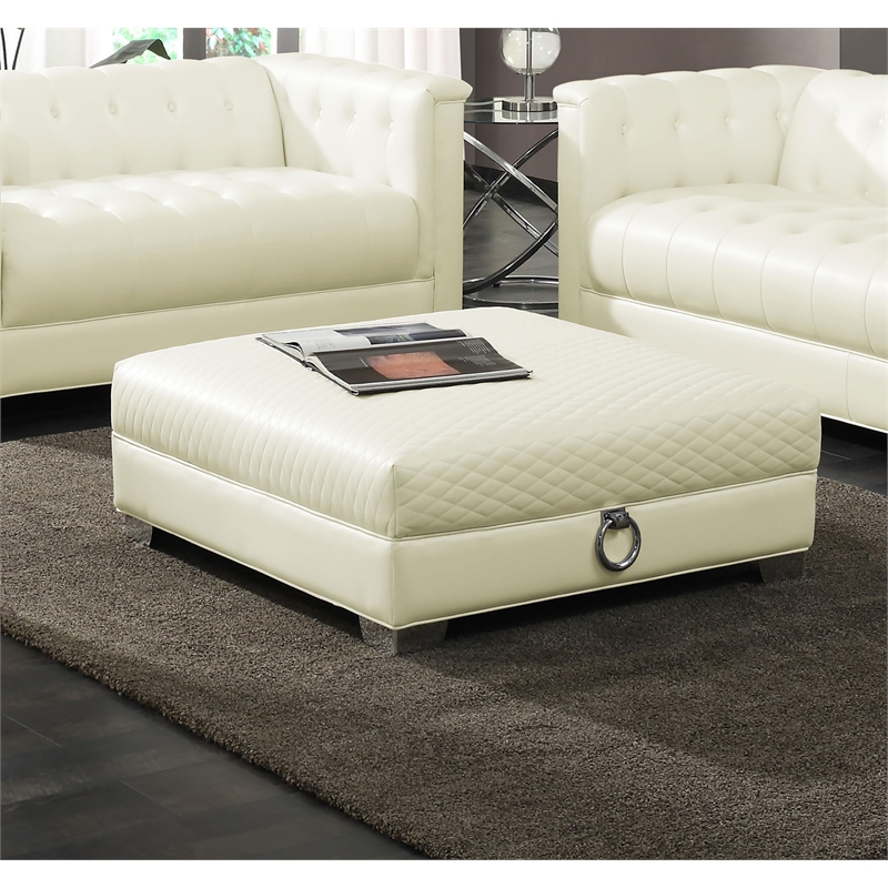 Pemberly Row Square Quilted Upholstered Ottoman in Pearl White