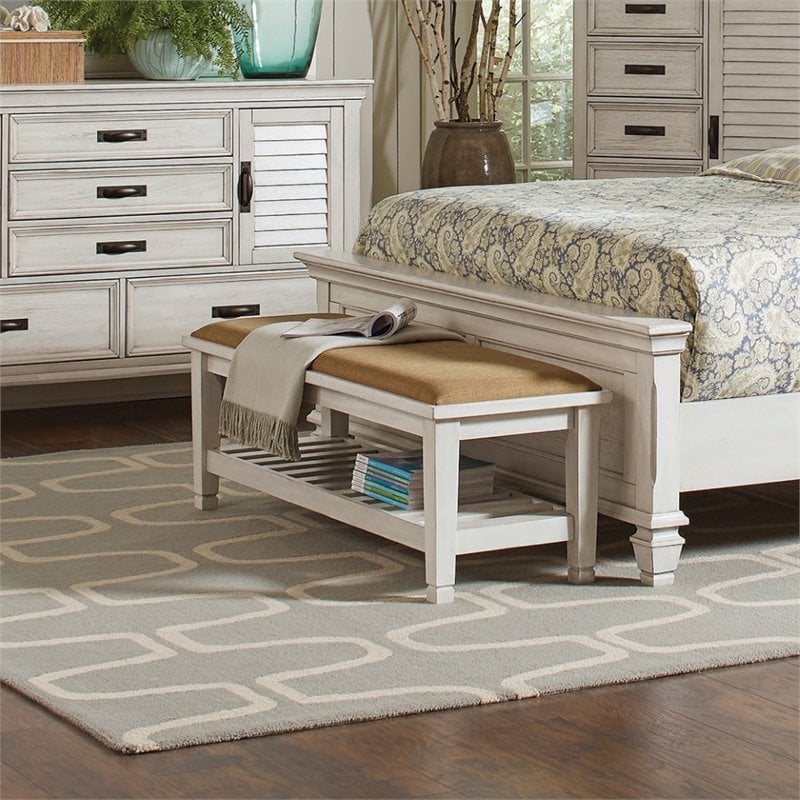 Pemberly Row Fabric Upholstered Bench with Shelf in Distressed White