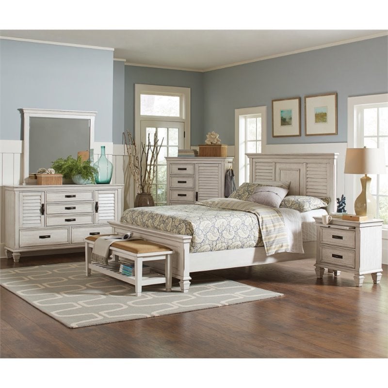 Pemberly Row Fabric Upholstered Bench with Shelf in Distressed White