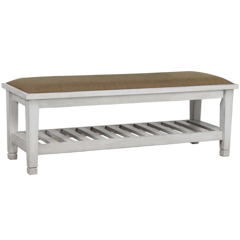 Pemberly Row Fabric Upholstered Bench with Shelf in Distressed White