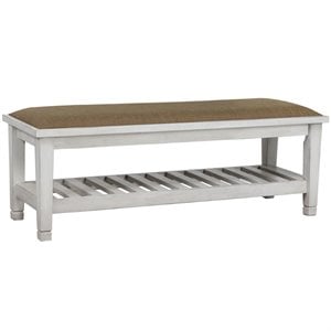 Pemberly Row Fabric Upholstered Bench with Shelf in Distressed White
