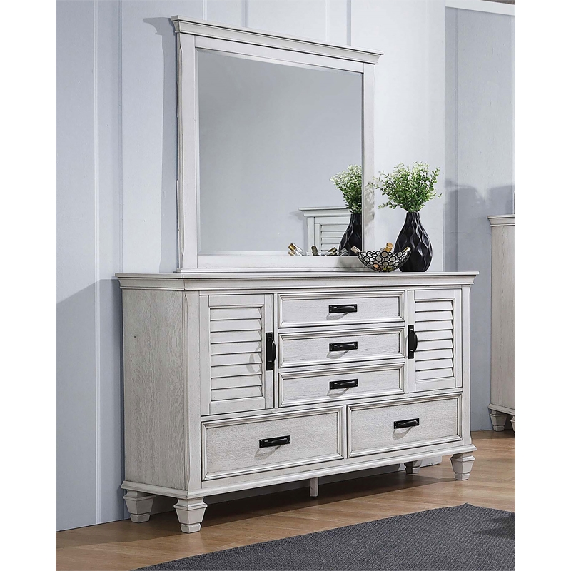 Pemberly Row 5-drawer Dresser with Mirror in Distressed White