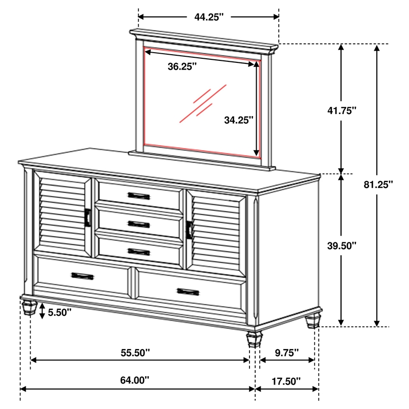 Pemberly Row 5-drawer Dresser with Mirror in Distressed White