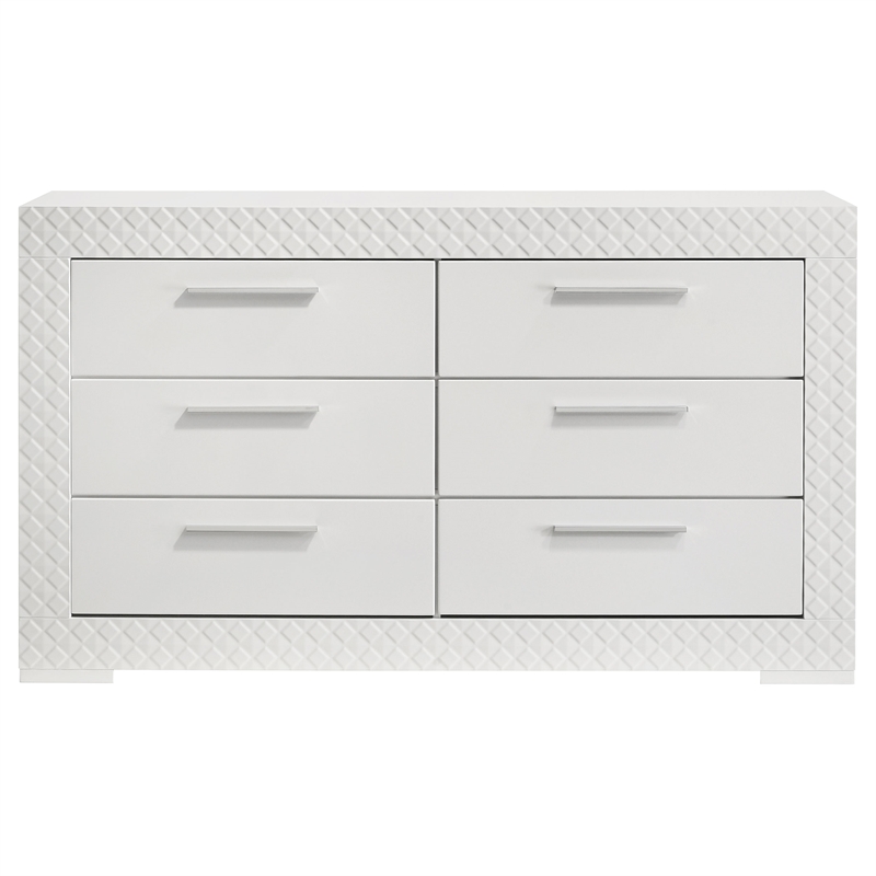 Pemberly Row Solid Hardwood 6-drawer Dresser Cabinet in White High Gloss
