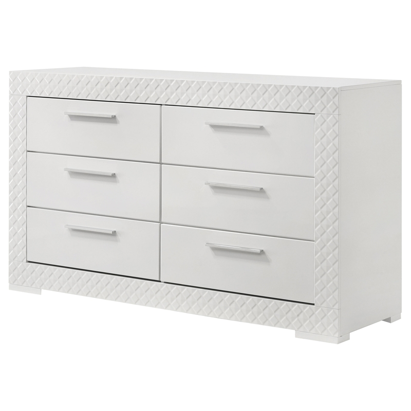 Pemberly Row Solid Hardwood 6-drawer Dresser Cabinet in White High Gloss